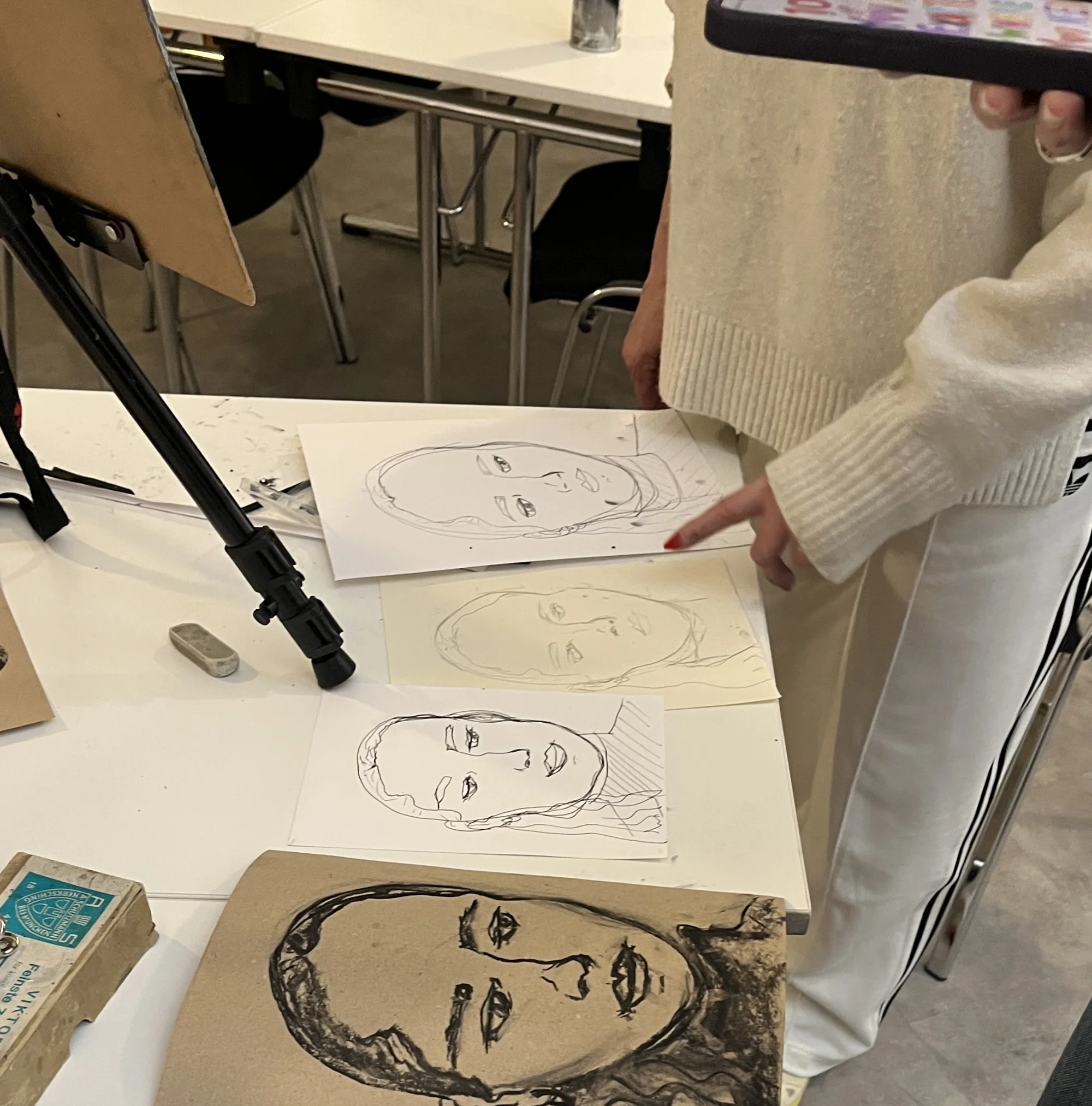 Art materials arranged for drawing and painting classes