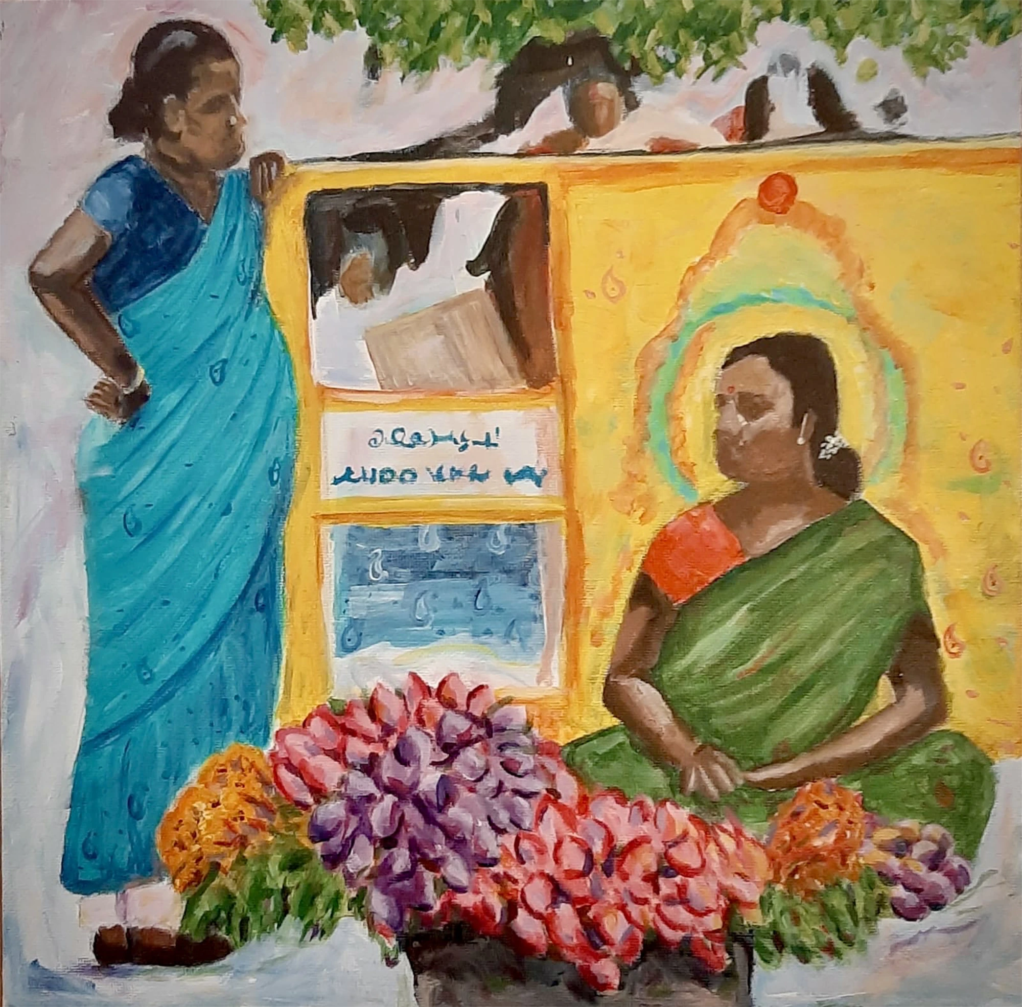 Painting class with easels and acrylic paintings in the studio