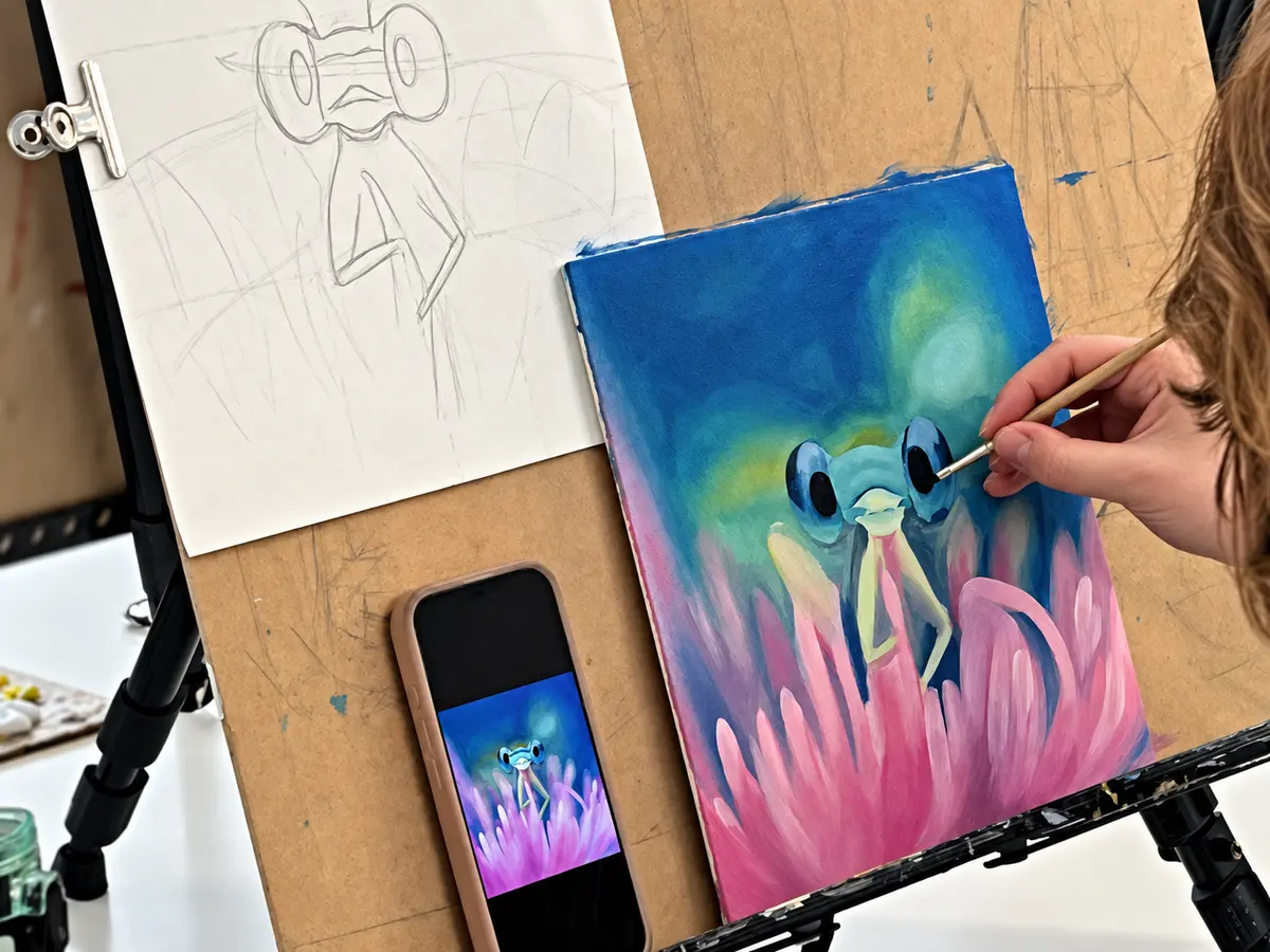 Participant painting a colorful insect from a phone reference