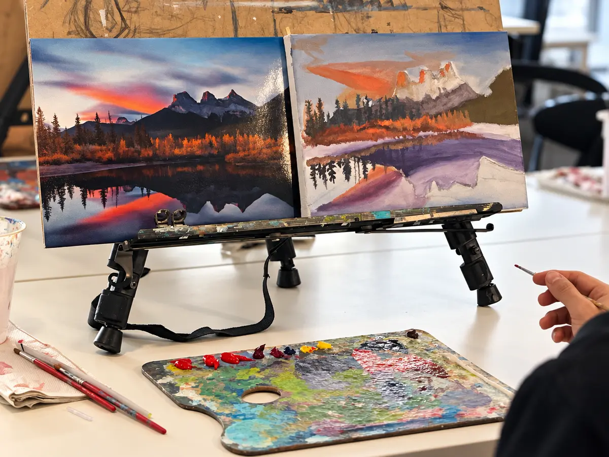Reference landscape beside a participant’s painting in progress