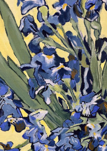 Van Gogh-inspired irises: close-up of painted flower details